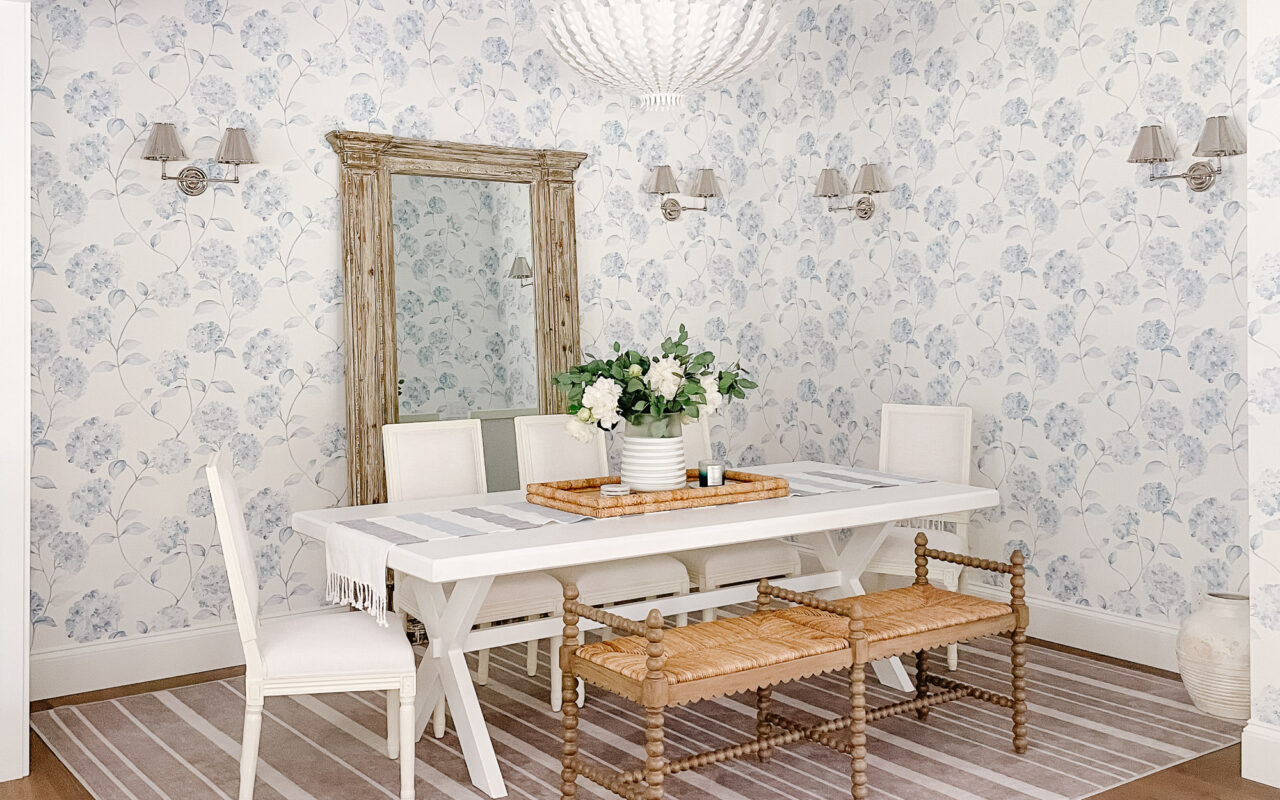 Blue and white dining room with Serena & Lily Hydrangea wallpaper, Ralph Lauren coastal style